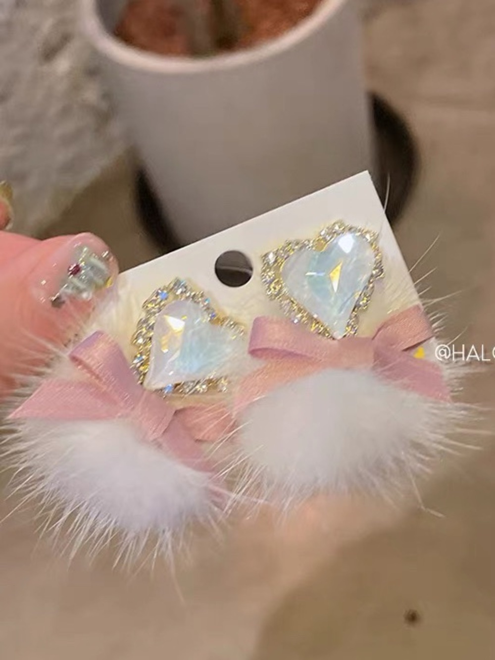 Korean Kpop Ive White Faux Fur Pom Pom Bow Heart Crystal Earrings